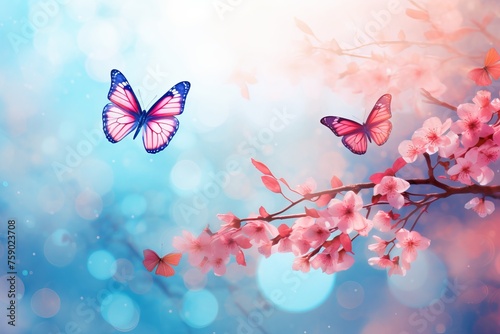 Showcase the delicacy of spring blossoms against a bokeh background of fluttering butterflies. 