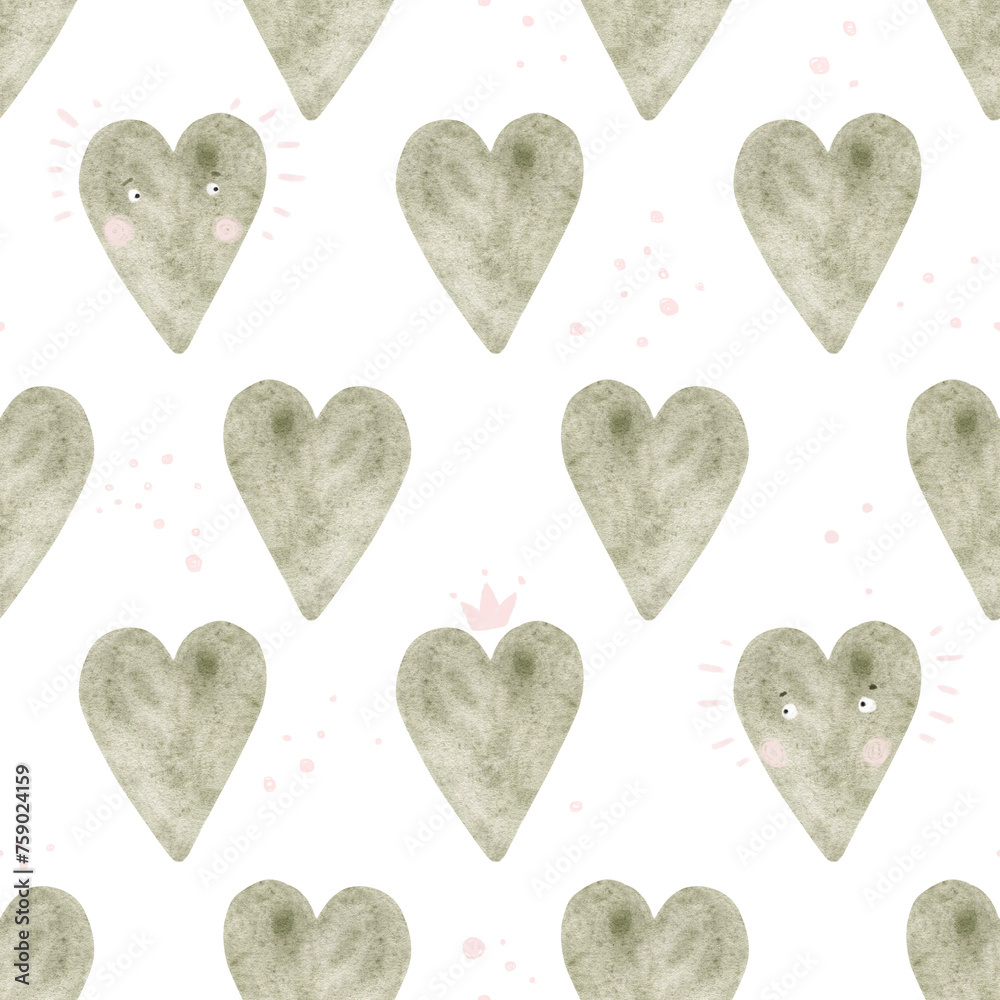 Cute watercolor pattern with light green hearts