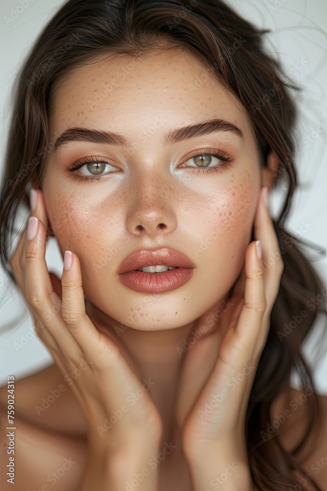 beautiful brunette woman with healthy skin looks at the camera and touches her face with her hands. natural makeup of a young beautiful model on a studio background with copy space. cosmetic concept beautiful brunette woman with healthy skin looks at the camera and touches her face with her hands. natural makeup of a young beautiful model on a studio background with copy space. cosmetic concept