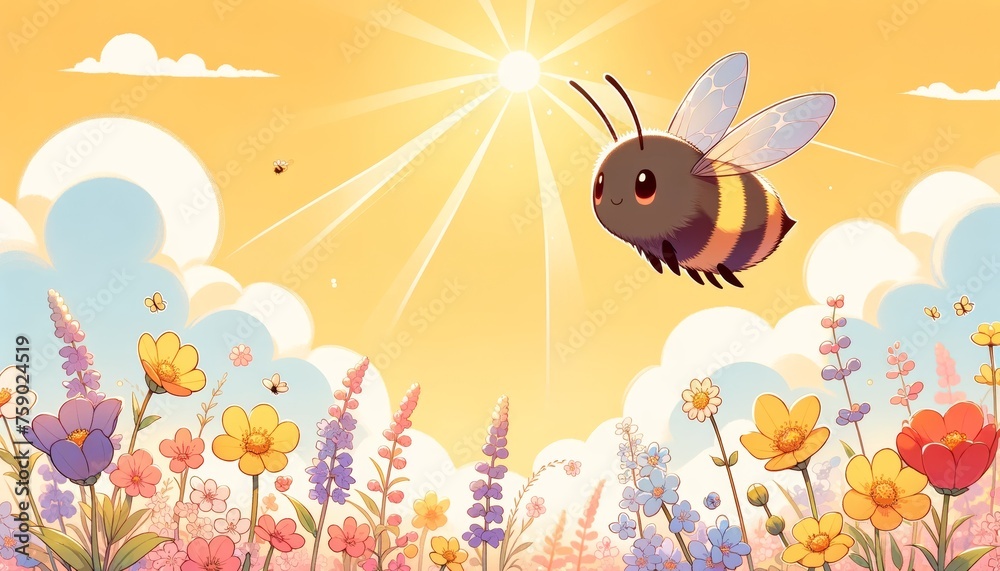 Bee flying over colorful flower field in sunlight
