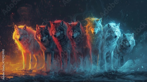 A captivating digital image portraying a pack of spectral wolves, each embodying the transition from fiery warmth to icy coolness. photo