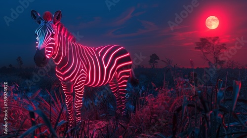 A digitally created scene featuring a red neon zebra standing in a field under a glowing red moon. © Sodapeaw