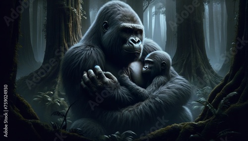 Mother Gorilla Holding Her Baby in a Misty Forest