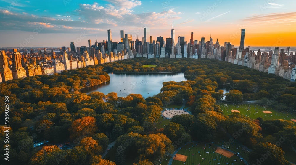 Obraz premium Aerial Helicopter View of a Beautiful Park