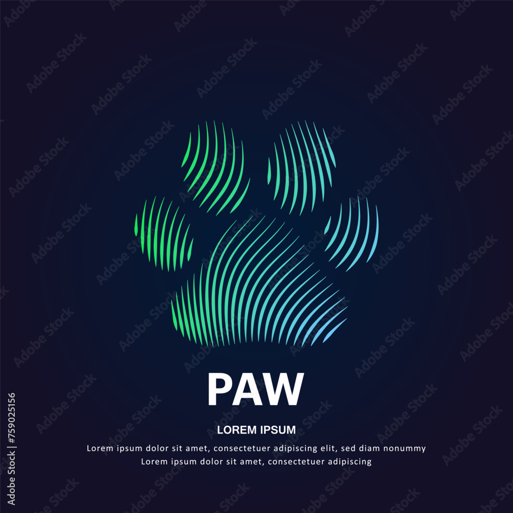 simple line art Paw Print Vector logotype illustration on dark background. Paw Print logo vector template suitable for organization, company, or community. EPS 10