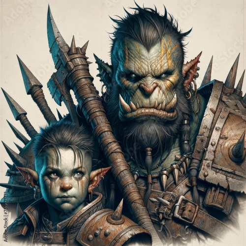 Fantasy Illustration of a Dwarf and Ogre in Battle Gear photo