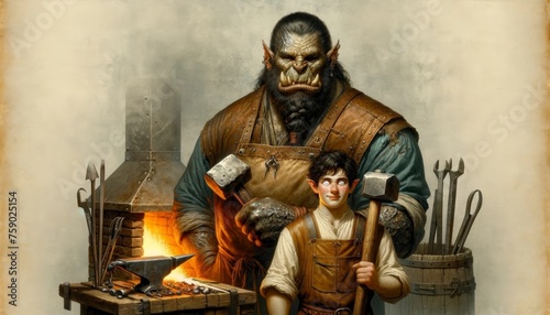 Fantasy illustration of a dwarf and ogre working in a forge photo