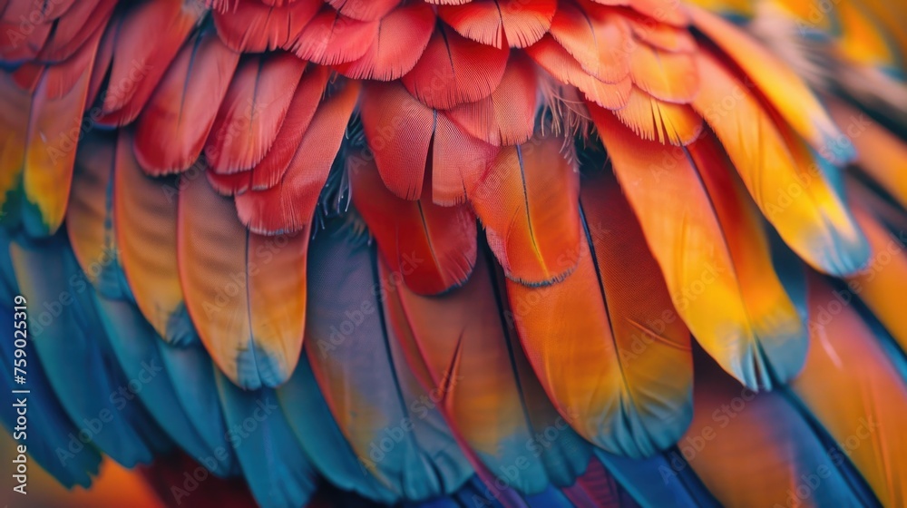 A stunning close-up of vibrant macaw feathers, showcasing nature's intricate patterns and a spectrum of colors A stunning close-up of vibrant macaw feathers, showcasing nature's intricate patterns and a spectrum of colors