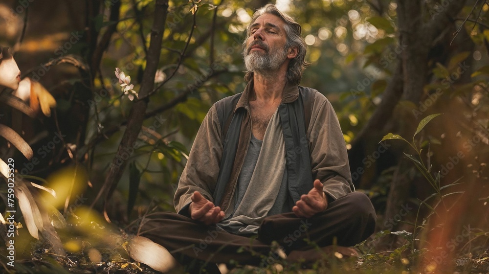Mature man meditating peacefully in the forest, reflecting serenity and andropause awareness amidst nature's embrace