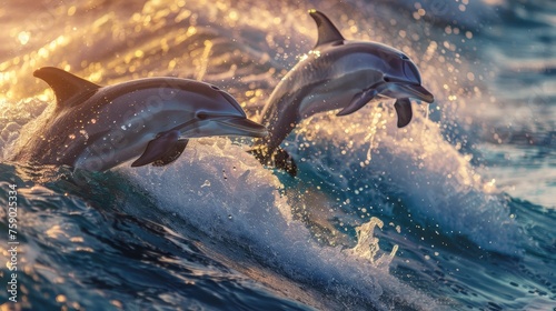 A pair of joyful dolphins arc through the air over glistening ocean waves, bathed in the golden light of the setting sun. © Sodapeaw
