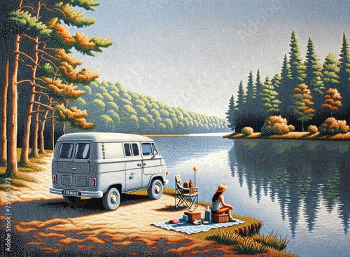 Vintage Van Parked by a Serene Lake with Trees