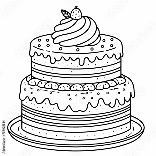 A three layered cake with frosting and a decoration on top, coloring page. © BERMED