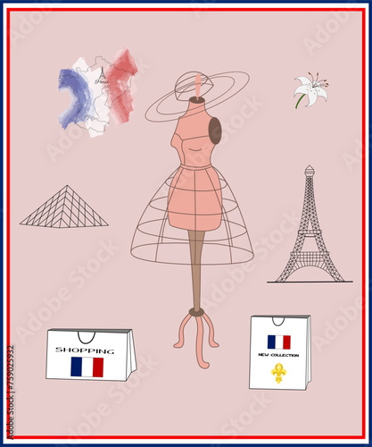 A set of miscellaneous items. French fashion. Drawing of a mannequin. Concept of a fashion atelier. French chic and trends. Illustration can be used for different design, for prints, for packaging.