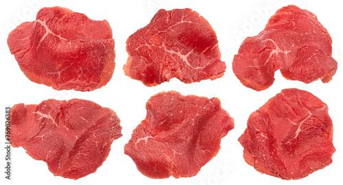 Thin slices of raw beef, carpaccio ingredient isolated on white background