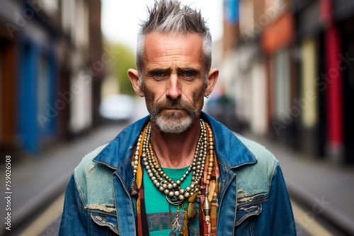 Portrait of an old hippie man in a city street.