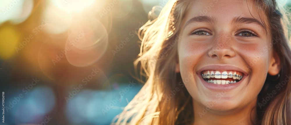 A beaming adolescent girl with braces her smile reflecting the beauty of dental care and the bright side of orthodontic treatment A beaming adolescent girl with braces her smile reflecting the beauty of dental care and the bright side of orthodontic treatment