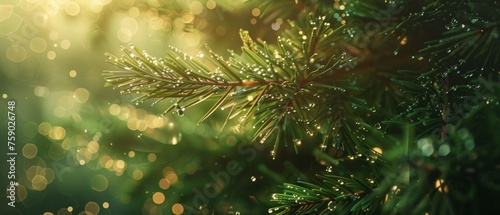 A serene close up of pine foliage droplets sparkling bathed in the warmth of ambient light © Shutter2U