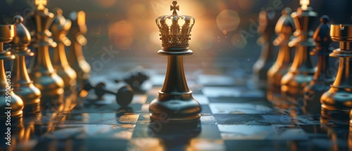 A solitary queen with a golden crown against a backdrop of pawns depicting triumph and influence photo