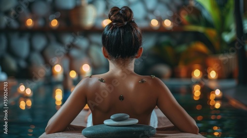 Back view portrait woman with hot stone massage at spa salon. AI generated image