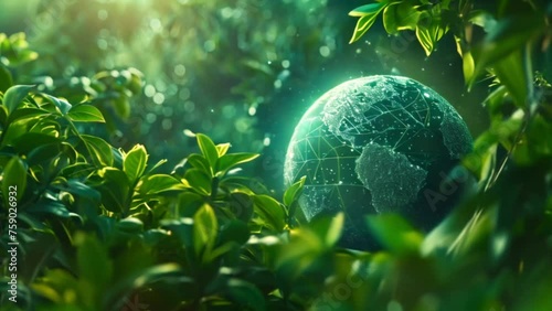 digital planet earth globe with trees, green leaves, green renewable energy and environmentalism concept Generative AI photo