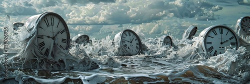 A surreal depiction of melting clocks dripping onto a barren landscape photo