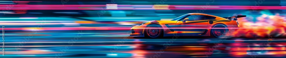 Racing car in a high-speed chase on the track, blurred lines and colors as it speeds past Racing car in a high-speed chase on the track, blurred lines and colors as it speeds past