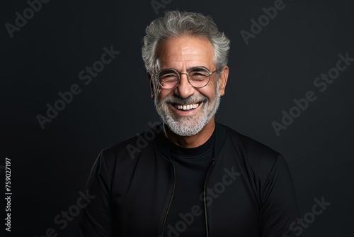 Portrait of a smiling senior man in black t-shirt and glasses