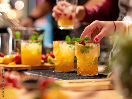 Hands-on mocktail crafting session with a vivid display of fruit garnishes, highlighting the art of making sophisticated non-alcoholic drinks