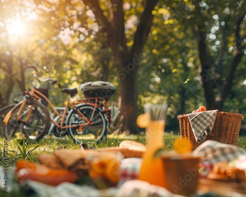 Sun-drenched picnic scene with bicycles in lush park, exemplifying nature-focused lifestyle and alcohol-free recreation