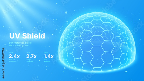 Sun Protection Futuristic Glowing Shield. 3D Sphere Bubble Shield from Ultraviolet Light. Game Hi Tech Dome. Solar Protection Screen. UV Radiation Safety Concept. Summer Vector Illustration.
