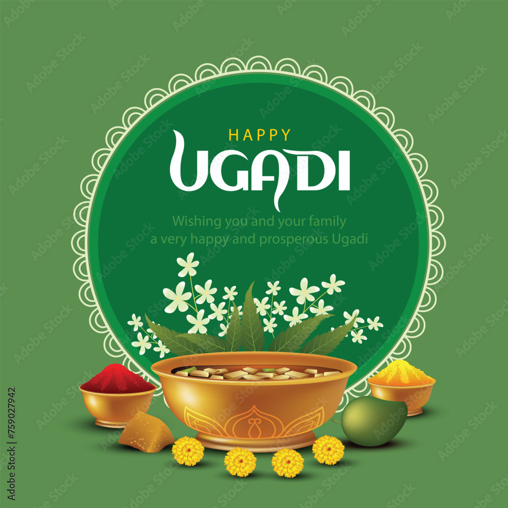 happy Ugadi New Year festival. holiday celebrated by the inhabitants of Karnataka and Andhra Pradesh. abstract vector illustration graphic design. - obrazy, fototapety, plakaty 
