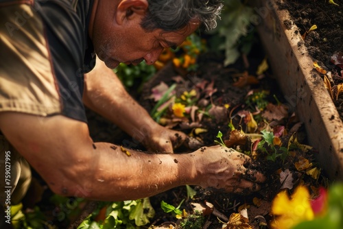 Hispanic man in 50s nurtures life through composting, reflecting on sustainability in andropause