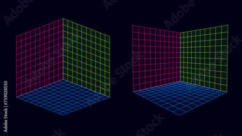 XYZ 3D Grids Perspective and Orthographic. Colored X, Y and Z Axis Planes. Red, Green and Blue Planes. Vector Illustration.