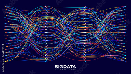 Data Flow Neural Network Technology and Science Background. Abstract Global Network Connections. 3D Dots and Lines. Blockchain Database. Dot Nodes Connected with Lines. Vector Illustration.