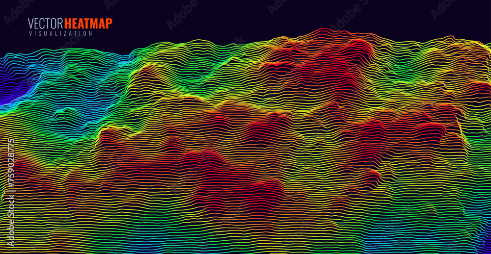 Heat Map Background. Infrared Thermal Camera Landscape Scan. Temperature Scanner Radar Global Warming Concept. Geology Gradient Topographic Grid Terrain. Vector Illustration. - obrazy, fototapety, plakaty 