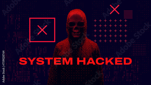 Hacker Silhouette On Dark Red Glitched Background. System Hacking Attack. Online Security and Safety Concept. Glitch 3D Skull Mesh Malware Attention Sign. Computer Hacked Error Concept. Vector.