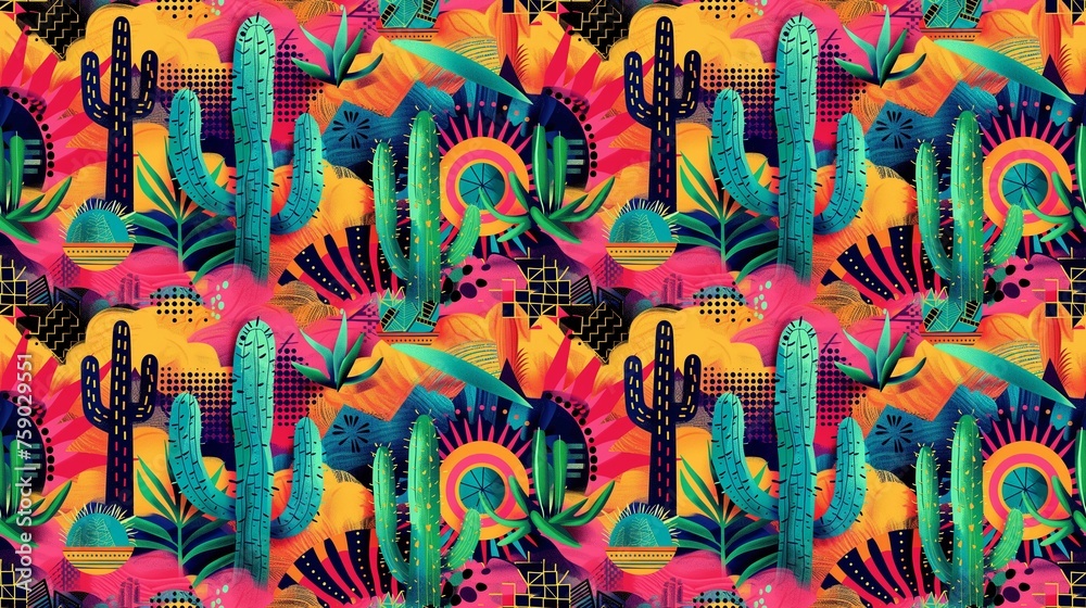 Eclectic Tropical Seamless Pattern with Cacti, Agave, and Sombrero. Bold Colorful Mexican Design mixed with Maya or Aztec Patterns. Fashion And Textile Industry. AI Generated