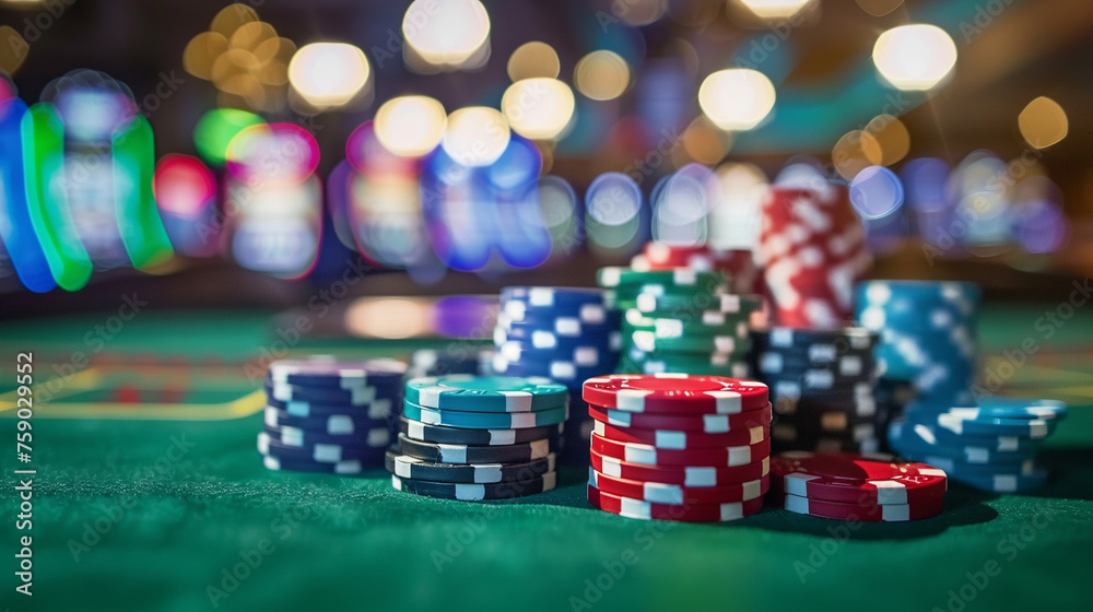 High stakes poker table in a luxurious casino chips stacked high focused players betting under the glow of elegant lights High stakes poker table in a luxurious casino chips stacked high focused players betting under the glow of elegant lights