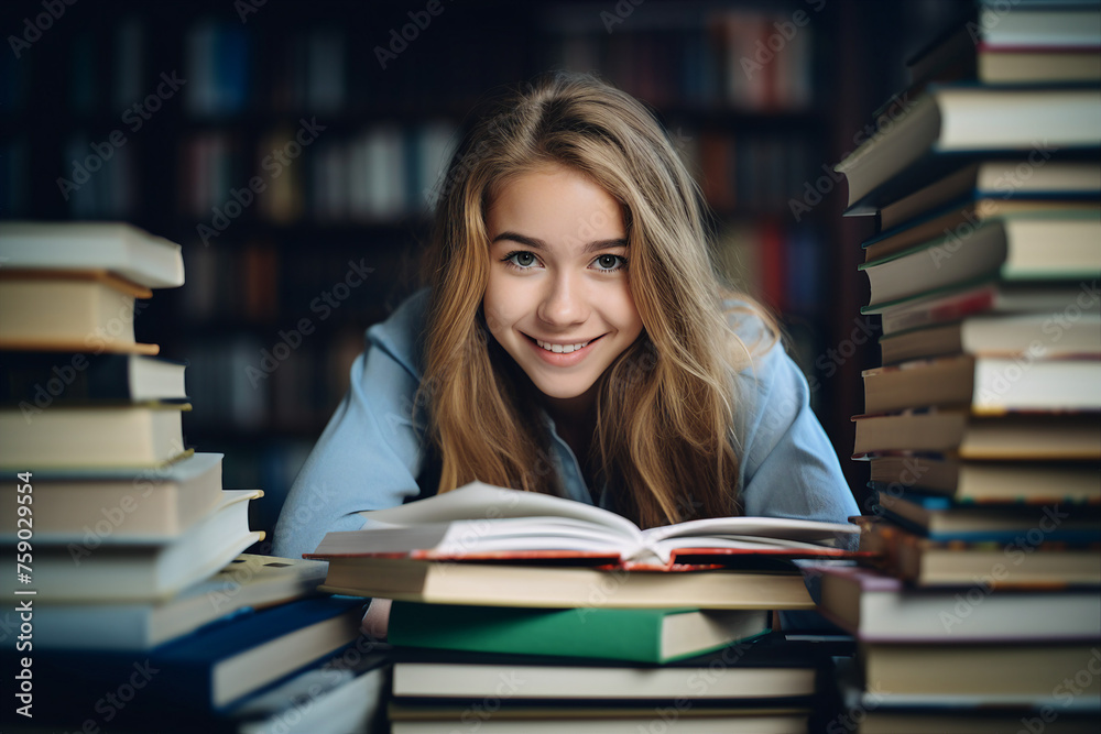 AI generated photo of young student preparing for an exam studying literature in library AI generated photo of young student preparing for an exam studying literature in library
