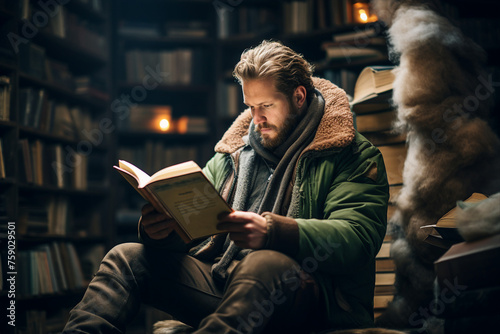 A young businessman reading a book in library dark rooom generated by AI