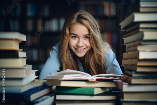 AI generated photo of young student preparing for an exam studying literature in library