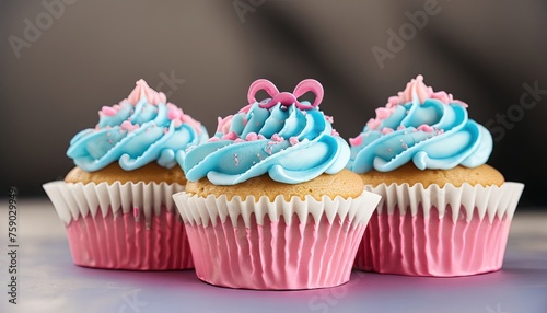 Set of three Cupcakes, Three  pink vanilla yummy  cupcakes, three  pink vanilla yummy  cupcakes on the wooden background platform  © sinthi