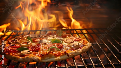 Flames reaching up toward meat and vegetable cheese pizza on grill. Hot sauce in bowl on iron plate.