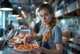Young Woman Serving Pizza in a Busy Restaurant Kitchen