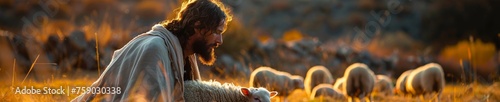 Jesus gazing lovingly at a lamb with other sheep in the background photo