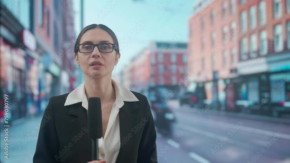 Female presenter reporting on air outside. Woman news host journalist talking with studio, wearing earphone, standing on the street, city background at the back. Female presenter reporting on air outside. Woman news host journalist talking with studio, wearing earphone, standing on the street, city background at the back.