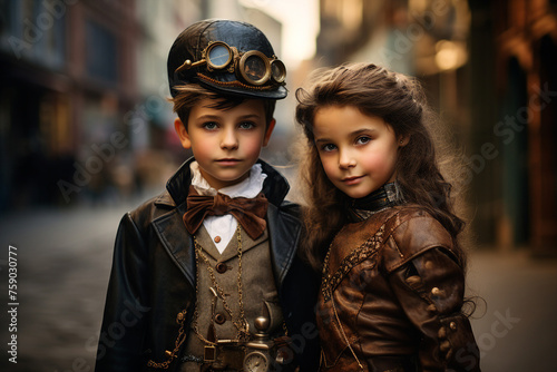 Picture of cute child character wear retro steampunk costume made with generative ai concept