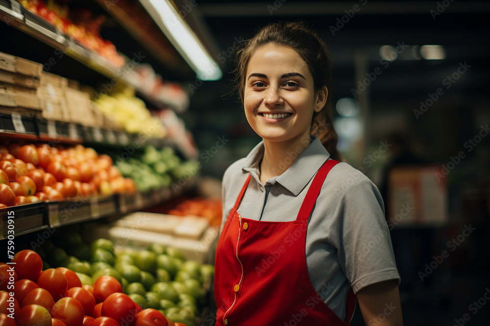 Smiling person working in supermarket grocery store department Generative Ai picture