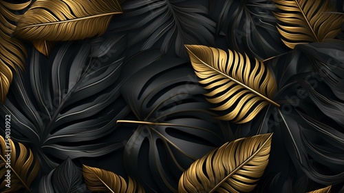 black, gold, leaves, background, elegant, sophisticated, luxurious, decorative, ornamental, pattern, metallic, shiny, opulent, glamour, abundance, lush, foliage, jungle, tropical, floral, nature