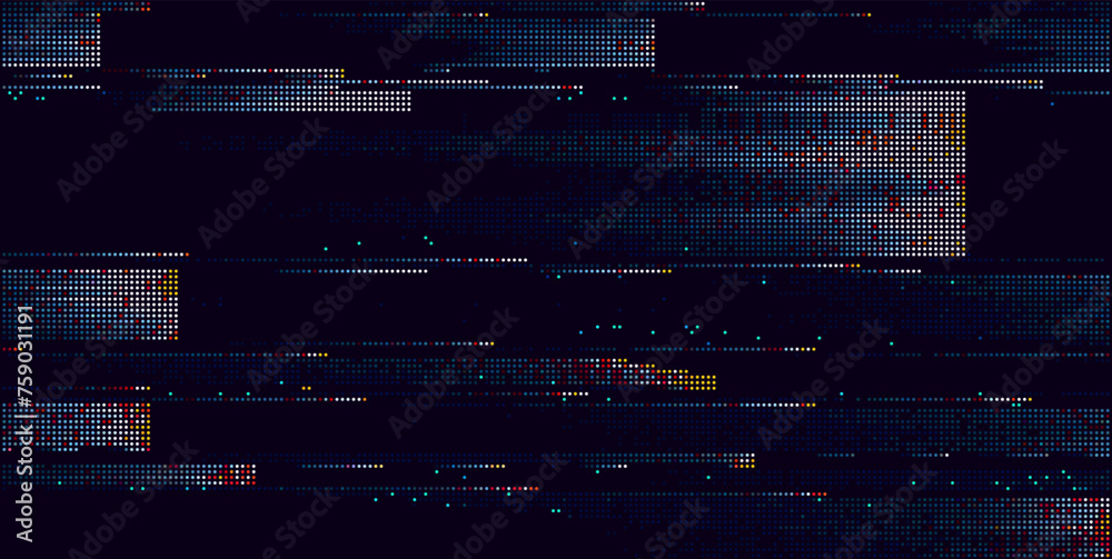 Colorful Glitch Screen Effect Background. Abstract Digital Pixel Dots Noise Glitch Error. Overlay Texture Pixel Sorting Effect Illustration. Modern Sci-Fi Game Vector Background.